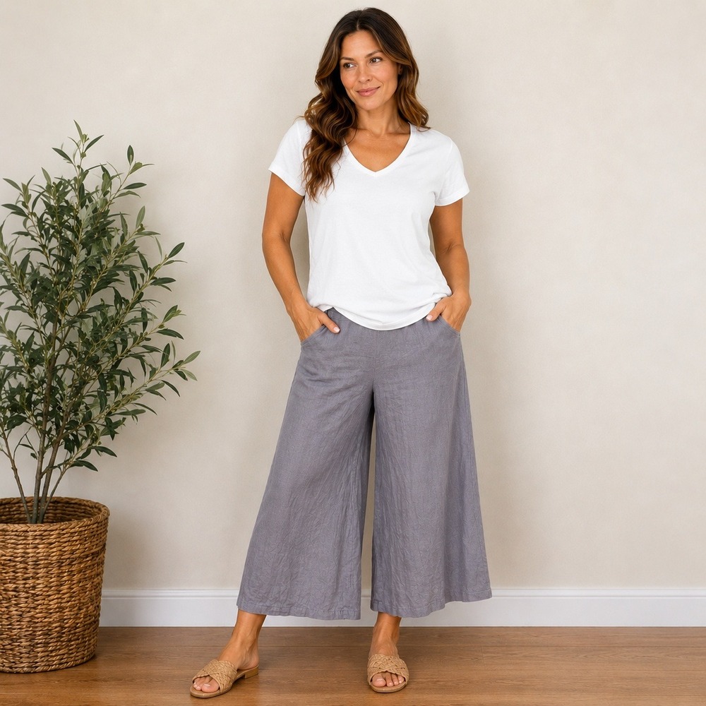 Nicole Miller New York Grey 100% Linen Wide Leg Cropped Pants Womens Large